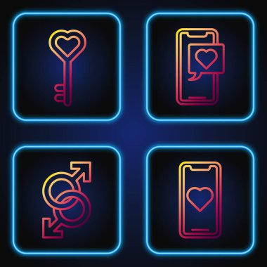 Cep telefonunu kalple ayarla, erkek cinsiyet sembolü, kalp şeklinde anahtar ve kalp konuşma balonlu akıllı telefon. Renk simgeleri. Vektör