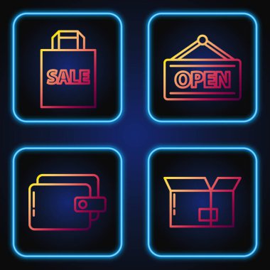 Satır çizgisi, karton kutu, cüzdan, içinde Sale ve Hanging işareti olan Shoping çantası ve Open. Renk simgeleri. Vektör