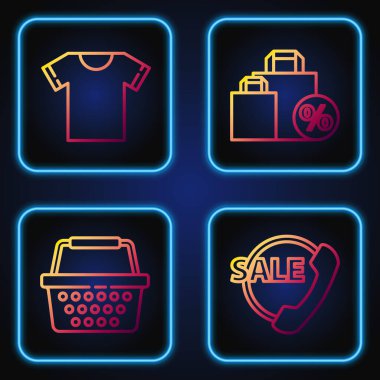 Telefon hattını 24 saat destekle, alışveriş sepeti, tişört ve indirimli Shoping çantası. Renk simgeleri. Vektör