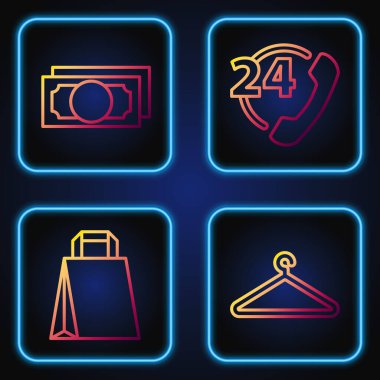Hat askısı gardırop, kağıt alışveriş çantası, kağıt para yığını ve telefon desteği. Renk simgeleri. Vektör