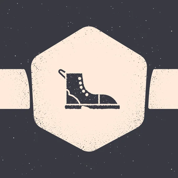 Grunge Wanderschuh-Ikone isoliert auf grauem Hintergrund. Monochrome Vintage-Zeichnung. Vektorillustration — Stockvektor