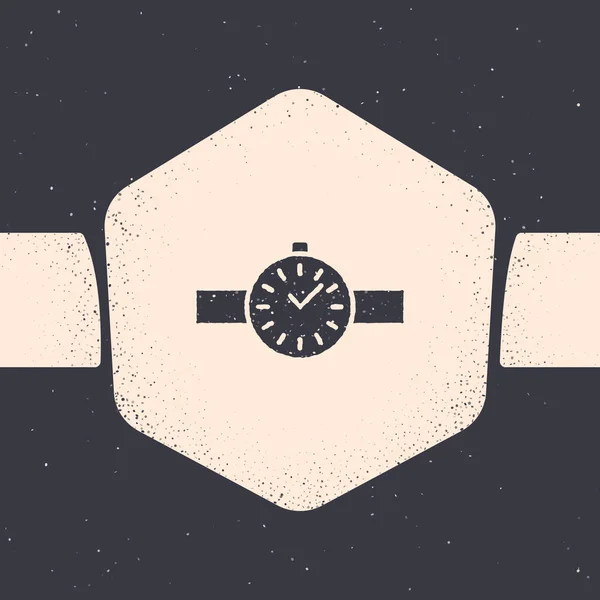 Grunge Wrist horloge pictogram geïsoleerd op grijze achtergrond. Een horloge icoon. Monochrome vintage tekening. Vector Illustratie — Stockvector