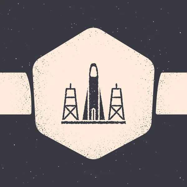 Grunge Rocket launch from the spaceport icon isolated on grey background. Launch rocket in space. Monochrome vintage drawing. Vector Illustration — Stock Vector