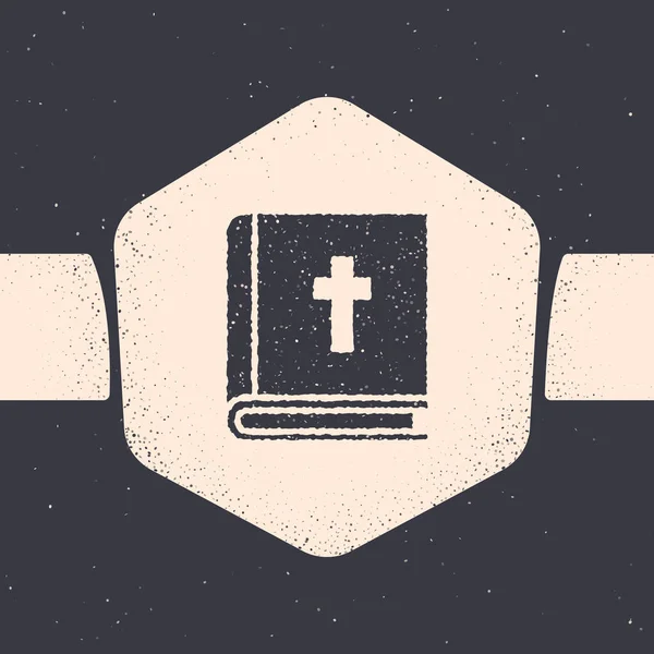 Grunge Ícone do livro da Bíblia Sagrada isolado em fundo cinza. Desenho vintage monocromático. Ilustração vetorial — Vetor de Stock
