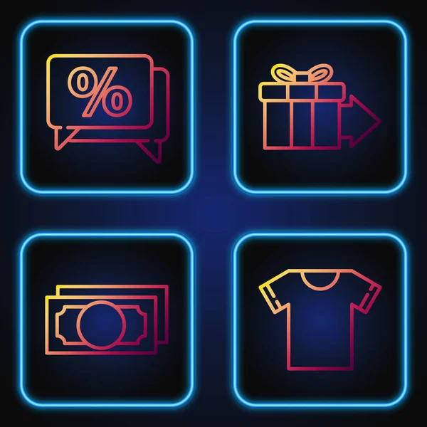 Set line T-shirt, Stacks paper money cash, Discount percent tag and Gift box. Gradient color icons. Vector — Stock Vector