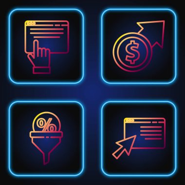 Set line Online alışveriş ekranda, kurşun yönetimi, çevrimiçi alışveriş ekranda ve maddi büyüme ve madeni para. Renk simgeleri. Vektör