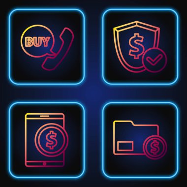 Zarfı bozuk parayla, Tableti dolarla, Telefonu ve konuşma baloncuğunu Buy ve Shield ile dolarla ayarla. Renk simgeleri. Vektör