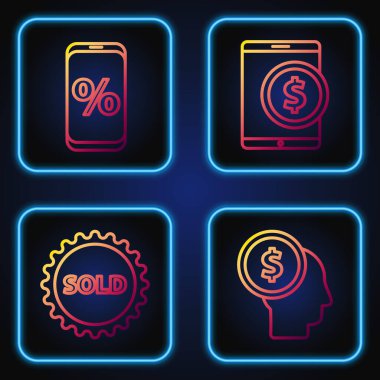 İş adamlarının zihin planlaması, satılan etiketler, indirimler ve cep telefonu ve dolarla birlikte tablet. Renk simgeleri. Vektör