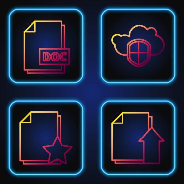 Dosya yükleme belgesini, yıldız, Doktor dosya belgesini, Bulut ve kalkanı içeren belgeyi ayarla. Renk simgeleri. Vektör