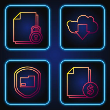 Satır Finans belgesi, Belge klasörü koruması, Belge ve Kilit ve Bulut indirme işlemini ayarlayın. Renk simgeleri. Vektör