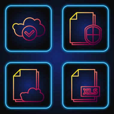 Satır Xls dosya belgesi, Bulut depolama metin belgesi, İşaretli Bulut ve Belge Koruma kavramını ayarla. Renk simgeleri. Vektör