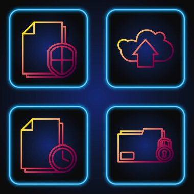 Satır Dizinini ayarla ve kilitle, saatli belge, belge koruma konsepti ve bulut yükleme. Renk simgeleri. Vektör