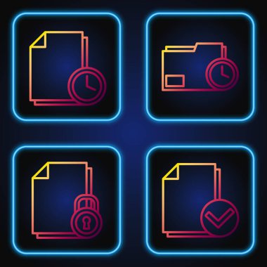 Satır Belgesi ve İşaretleme, Belge ve Kilit, Saat ile Belge ve Saat ile Belge klasörünü ayarla. Renk simgeleri. Vektör