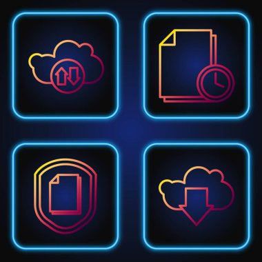 Cloud indirme hattı, Doküman koruma konsepti, Bulut indirme, yükleme ve saatli belge ayarlayın. Renk simgeleri. Vektör