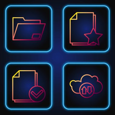 Bulut indirme ve gönderme satırını ayarla, Belge ve işaretleme, Belge dizini ve yıldız ile Belge. Renk simgeleri. Vektör
