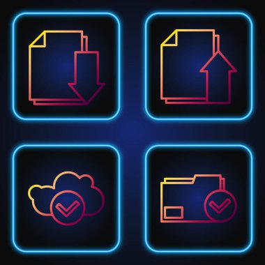 Satır Belge dizinini ayarlayın ve işaretleyin, işaretli Bulut, Dosyayı indiren ve yükleyen belge. Renk simgeleri. Vektör