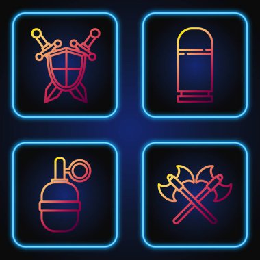 Hattı Ortaçağ baltalarını, el bombasını çapraz kılıçlarla Orta Çağ kalkanını ve fişekleri aştı. Renk simgeleri. Vektör