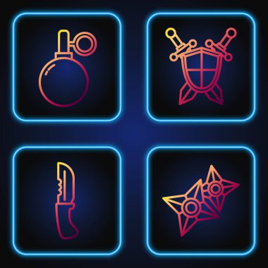 Japon ninja shuriken, askeri bıçak, el bombası ve çapraz kılıçlı ortaçağ kalkanı. Renk simgeleri. Vektör