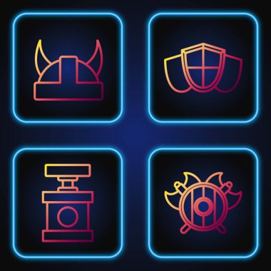 Orta Çağ kalkanını çapraz baltalarla donat dinamit için ateşleyici, boynuzlu miğfer ve kalkan takan Viking. Renk simgeleri. Vektör