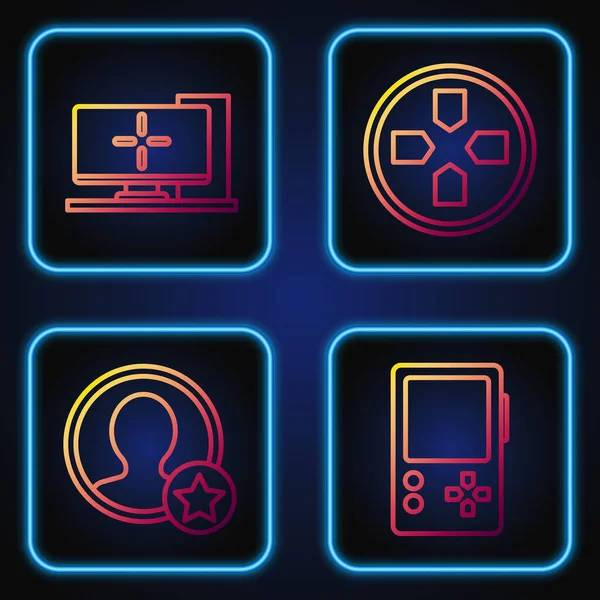 Set line Tragbare Videospielkonsole, Premium-Kontobildschirm, Computermonitor und Gamepad. Farbverlauf-Symbole. Vektor — Stockvektor