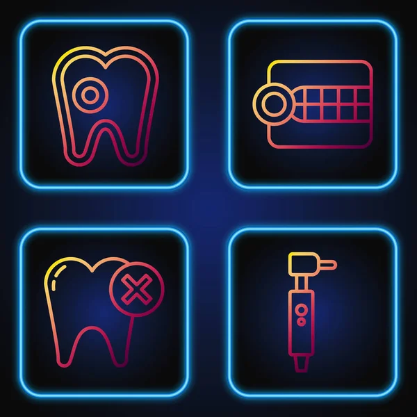 Set line Taladro dental, Diente con caries, Diente con caries y modelo de prótesis dentales. Iconos de color degradado. Vector — Vector de stock