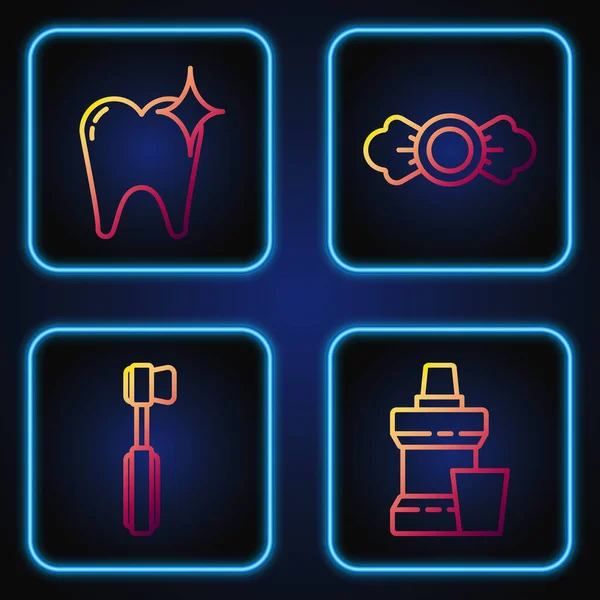 Zestaw linii Mouthwash plastikowa butelka, szczoteczka do zębów, Koncepcja wybielania zębów i Candy. Ikony kolorów gradientu. Wektor — Wektor stockowy