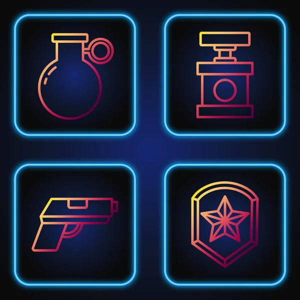 Set line Police badge, Pistol or gun, Hand grenade and Handle detonator for dynamite. Gradient color icons. Vector — Stockový vektor