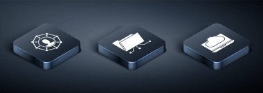 Isometric Proje ekibi üssünü, Bulut teknolojisi veri transferini, depolamayı, dizini ve kilit simgesini ayarla. Vektör