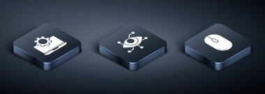 Isometric Laptop ve teçhizat, Bilgisayar faresi ve Sanal gerçeklik simgesini ayarla. Vektör