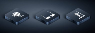 Isometric Earth Globe 'u, Glass test tüpünü ve Glass ikonunu ateşe verin. Vektör