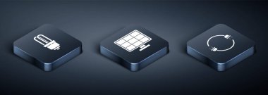 Isometric Led ampulü, elektrik prizi ve güneş enerjisi panel simgesini ayarla. Vektör