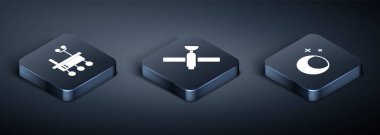 Isometric Mars Rover 'ı, Ay' ı, yıldızları ve uydu simgesini ayarla. Vektör