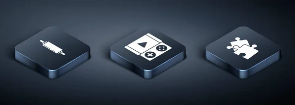 Set Isométrico Rolo pin, Pedaço de quebra-cabeça e ícone de console de videogame portátil. Vetor —  Vetores de Stock