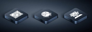 Isometric Yazdırılmış devre kartı PCB, Robot ve Robot elektrik süpürgesi simgesini ayarla. Vektör