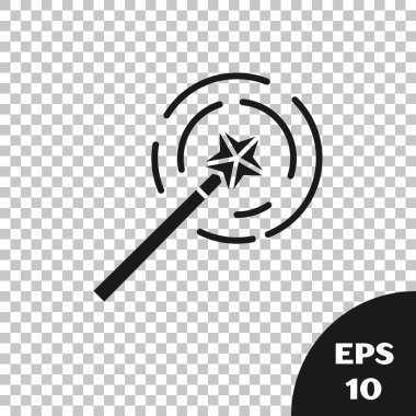 Kara Büyü değnek simgesi saydam arka planda izole. Yıldız şekli sihirli aksesuar. Sihirli güç. Vektör İllüstrasyonu
