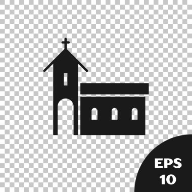 Siyah Kilise bina simgesi şeffaf arka plan üzerinde izole. Hıristiyan Kilisesi. Kilise dini. Vektör İllüstrasyonu