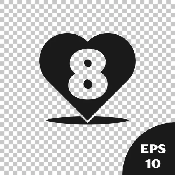 Black Heart dengan ikon 8 Maret terisolasi pada latar belakang transparan. Simbol romantis terkait, bergabung, gairah dan pernikahan. Selamat Hari Wanita. Ilustrasi Vektor - Stok Vektor