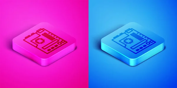 Isometric line Electronic computer components motherboard digital chip integrated science icon isolated on pink and blue background. Circuit board. Square button. Vector Illustration — Stock Vector