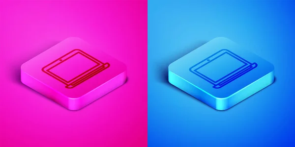 Isometric line Laptop icon isolated on pink and blue background. Computer notebook with empty screen sign. Square button. Vector Illustration — Stock Vector