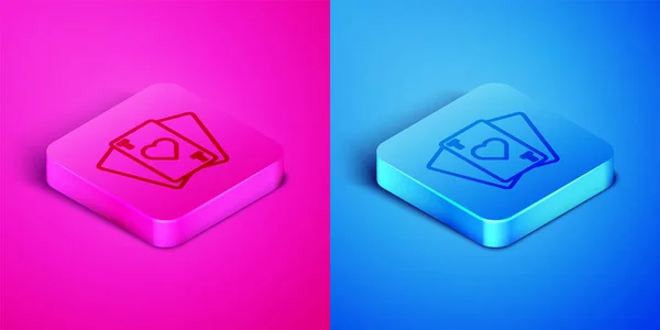 Isometric line Playing cards icon isolated on pink and blue background. Casino gambling. Square button. Vector Illustration — Stock Vector