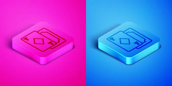 Linea isometrica Icona delle carte da gioco isolata su sfondo rosa e blu. Gioco d'azzardo. Pulsante quadrato. Illustrazione vettoriale — Vettoriale Stock