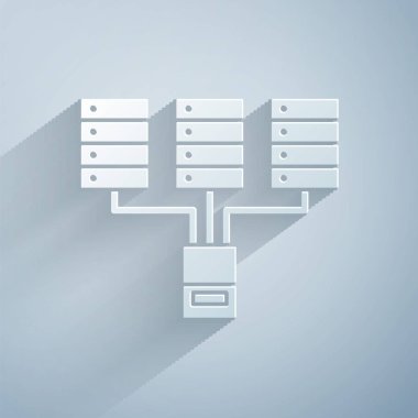 Kağıt kesme Sunucusu, Data, Web sunucu simgesi gri arkaplanda izole edildi. Kağıt sanatı tarzı. Vektör İllüstrasyonu