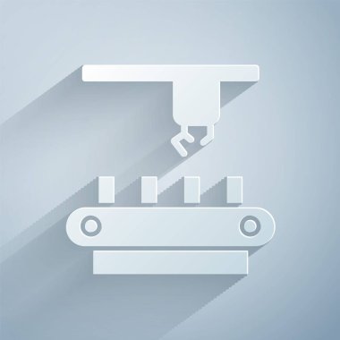 Kağıt kesiği Fabrika taşıma sistemi şeridi simgesi gri arkaplanda izole edildi. Robot endüstrisi konsepti. Kağıt sanatı tarzı. Vektör İllüstrasyonu