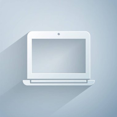 Kağıt kesiği Laptop simgesi gri arkaplanda izole edildi. Boş ekran işaretli bilgisayar defteri. Kağıt sanatı tarzı. Vektör İllüstrasyonu