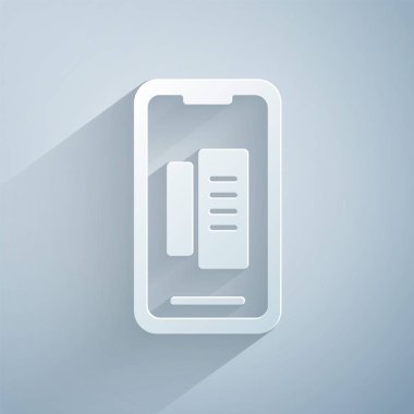 Kağıt kesiği, akıllı telefon, gri arka planda izole edilmiş cep telefonu simgesi. Kağıt sanatı tarzı. Vektör İllüstrasyonu
