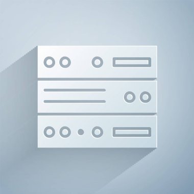 Kağıt kesme Sunucusu, Data, Web sunucu simgesi gri arkaplanda izole edildi. Kağıt sanatı tarzı. Vektör İllüstrasyonu