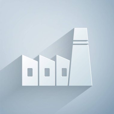 Kağıt kesiği, gri arka planda izole edilmiş petrol ve gaz endüstriyel yapı ikonu. Kağıt sanatı tarzı. Vektör İllüstrasyonu