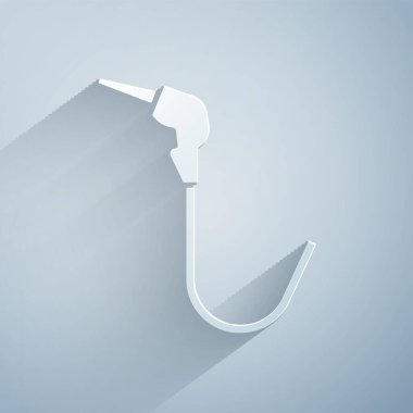 Kağıt kesiği benzin pompası başlık simgesi gri arka planda izole edildi. Yakıt pompası istasyonu. Yakıt ikmal tabelası. Benzin istasyonu ikonu. Kağıt sanatı tarzı. Vektör İllüstrasyonu