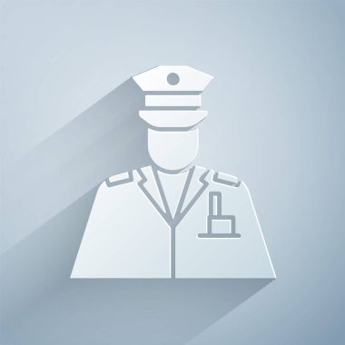 Kağıt kesiği polis memuru simgesi gri arka planda izole edilmiş. Kağıt sanatı tarzı. Vektör İllüstrasyonu