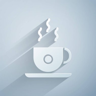 Kağıt kesiği kahve fincanı simgesi gri arka planda izole edilmiş. Çay fincanı. Sıcak içecek kahvesi. Kağıt sanatı tarzı. Vektör İllüstrasyonu
